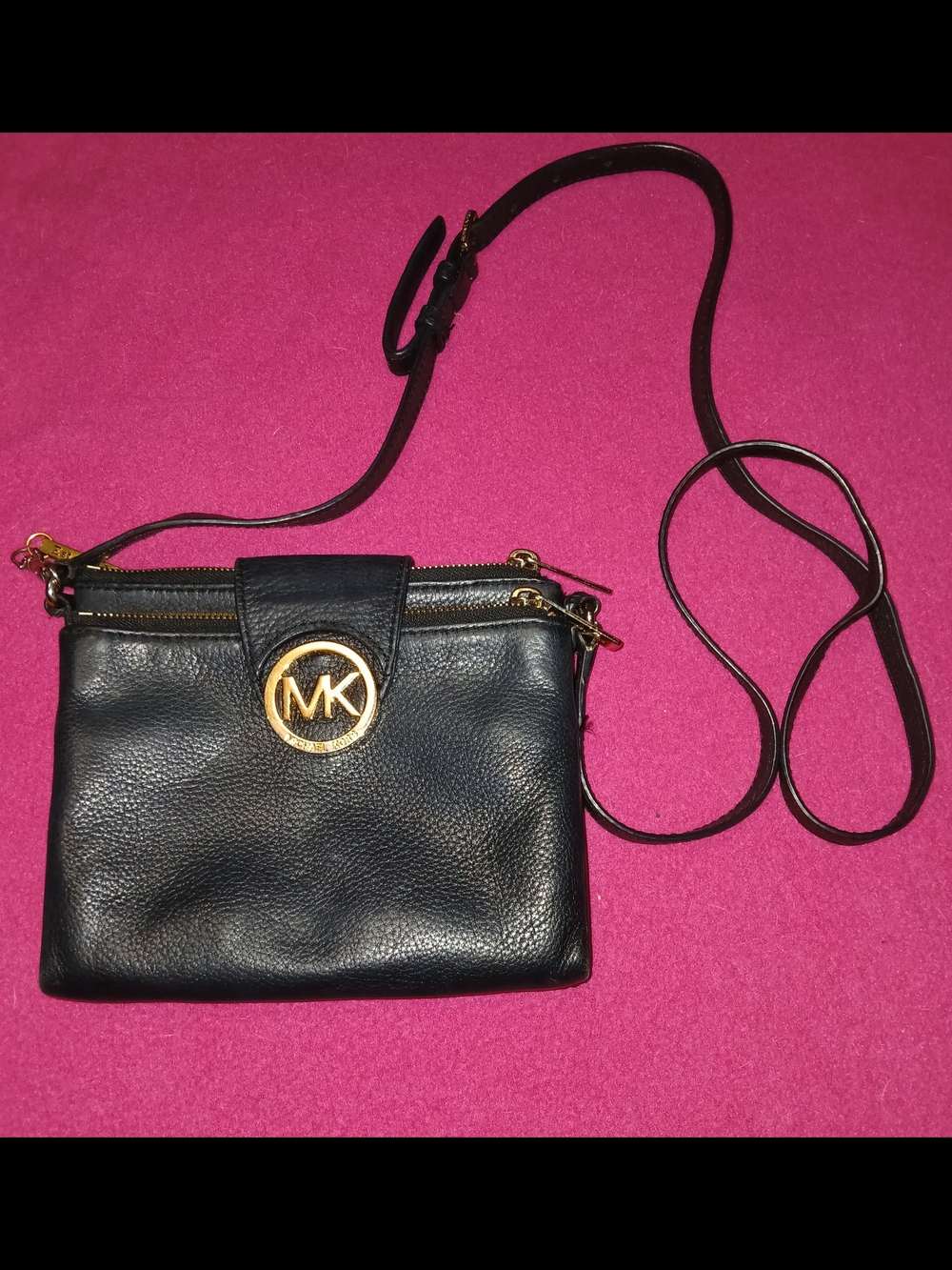 Michael Kors Black Leather Crossbody with Gold MK Emblem